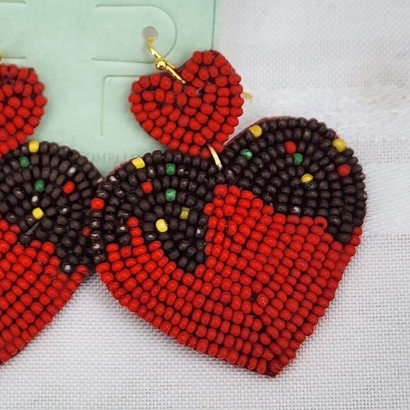 ICON Red Heart Valentine Shaped Seed Bead Statement Earrings NWT - Picture 5 of 5